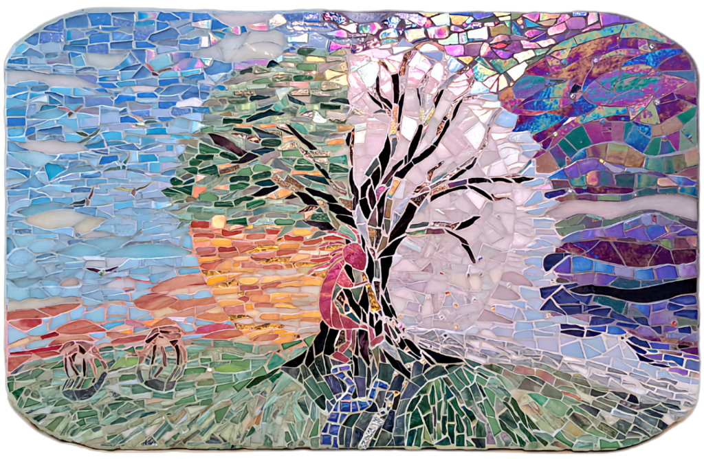 The mythical god of change and rebirth, Kokopelli is believed to wander the lands, sounding his horn to signify change. In this mosaic, Kokopelli is central to the image. Behind him is a tree, but it is a tree of two halves: to the righ of the image is a rising moon and beyond the moon is the galaxy of stars and colours of dark blues and blacks. The tree's branches on this side are bare and therre is a layer of snow on the ground. Yet on the left, where Kokopelli has already walked, the tree is verdant and behin it is blue sky and an orange rising run. Two deer graze upon the green grass. The whole image is to signify rebirth: death into life; darness into light.